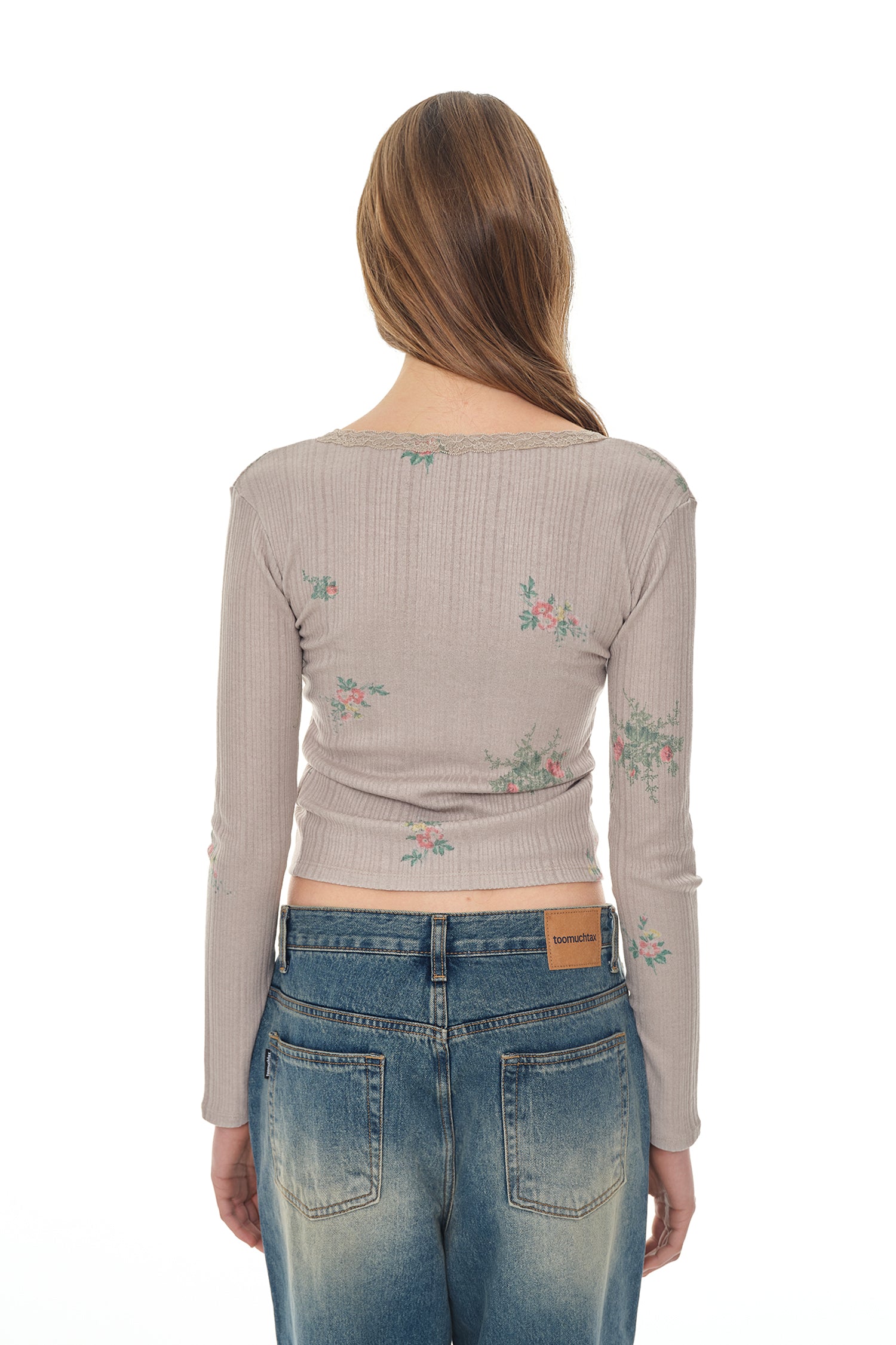 FLORAL LACE RIBBED CARDIGAN (BEIGE)