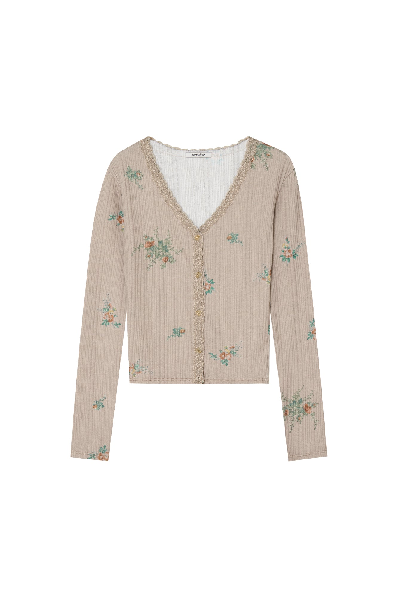 FLORAL LACE RIBBED CARDIGAN (BEIGE)