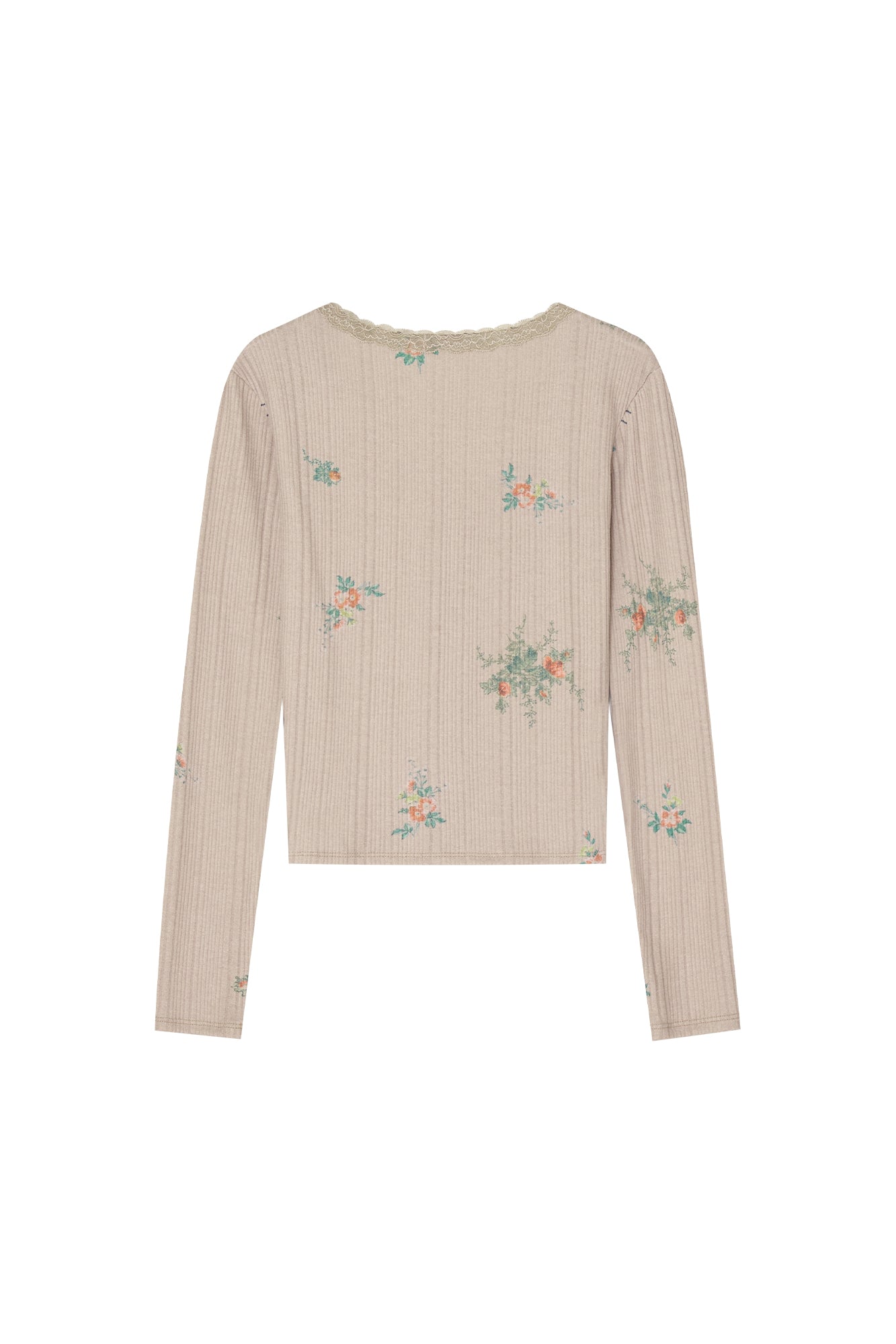 FLORAL LACE RIBBED CARDIGAN (BEIGE)