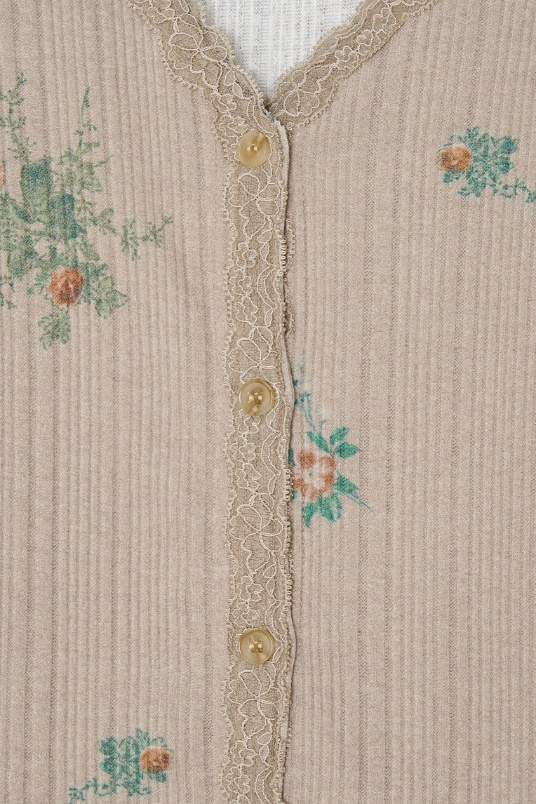FLORAL LACE RIBBED CARDIGAN (BEIGE)