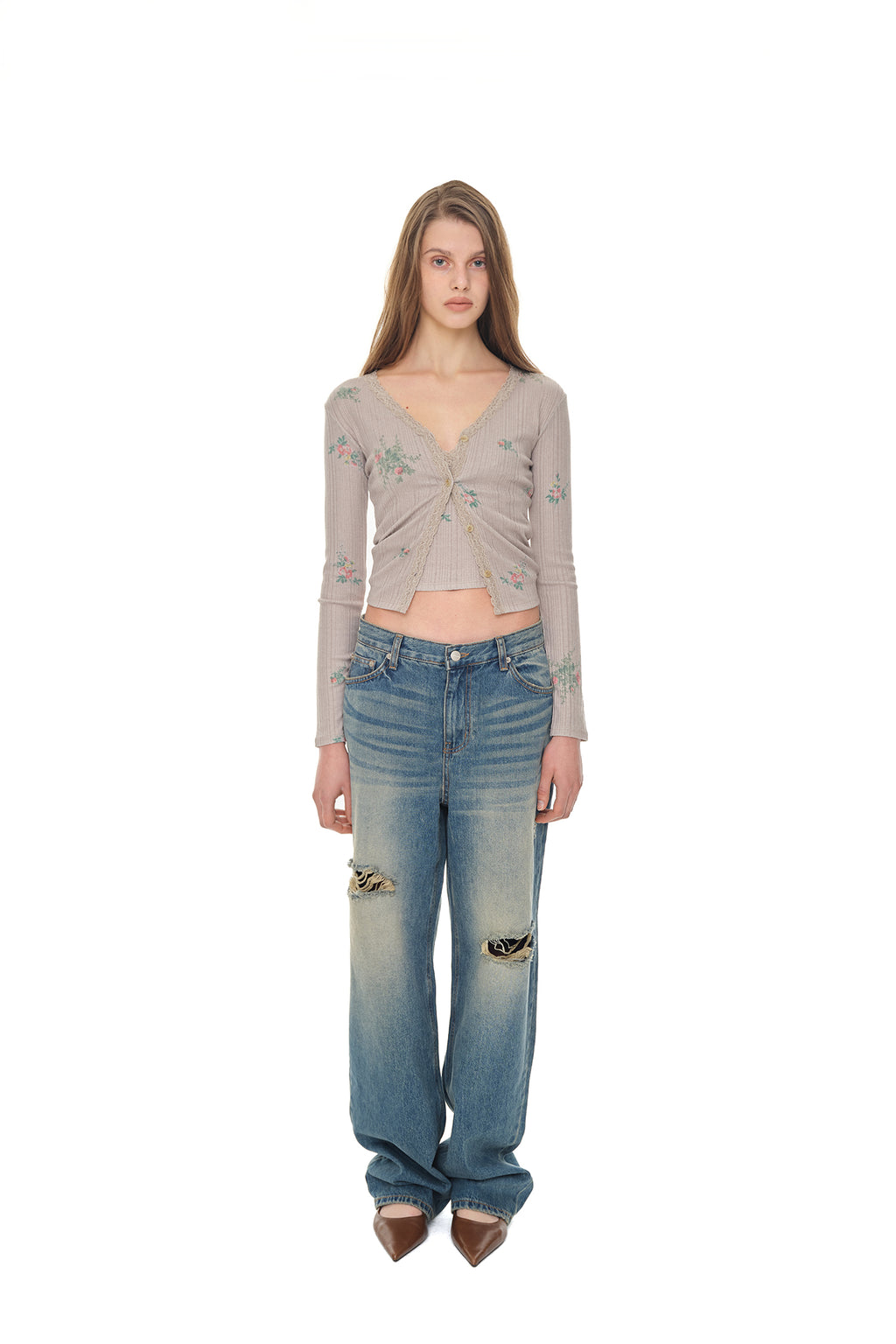 FLORAL LACE RIBBED CARDIGAN (BEIGE)