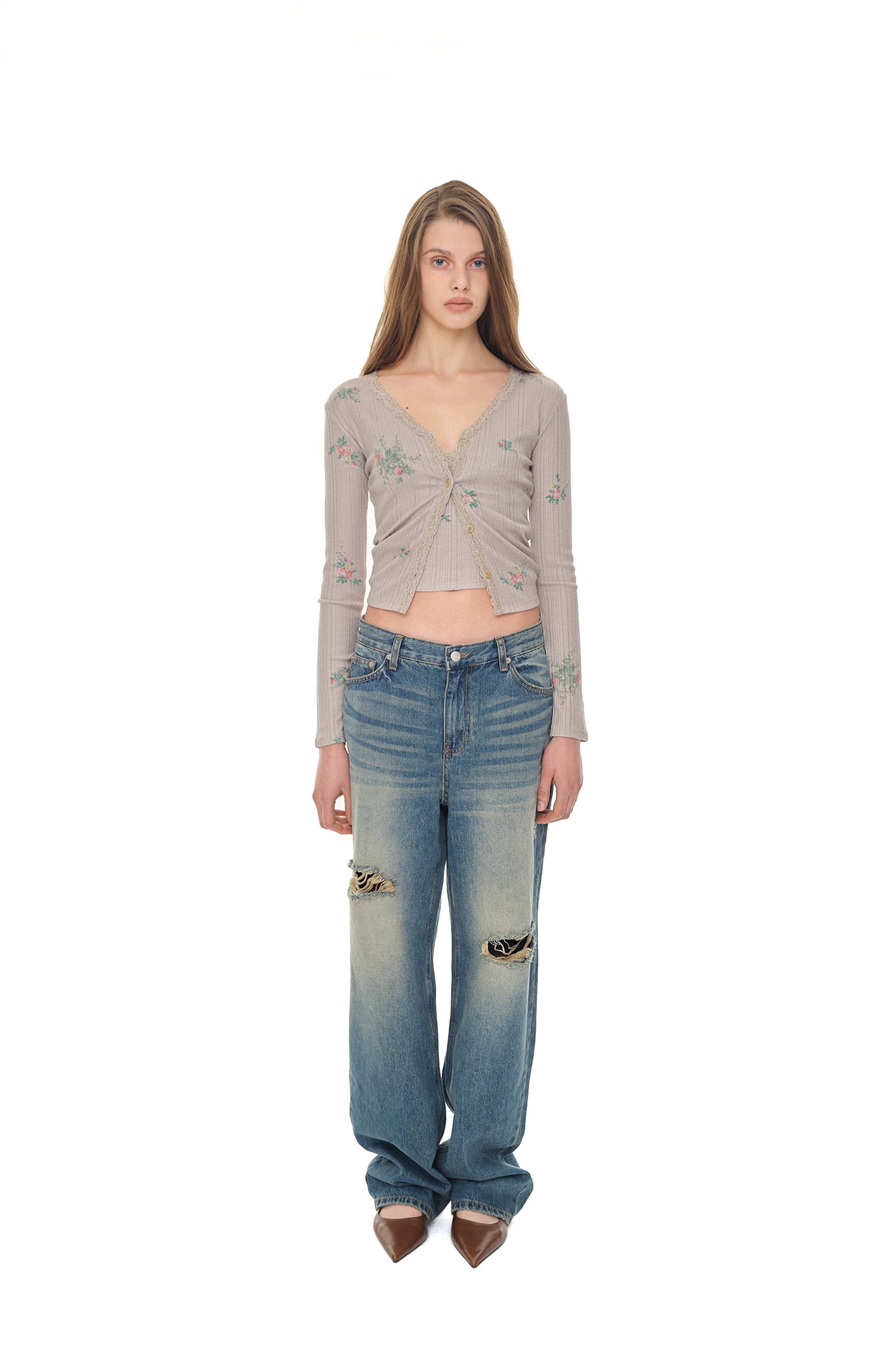 FLORAL LACE RIBBED CARDIGAN (BEIGE)