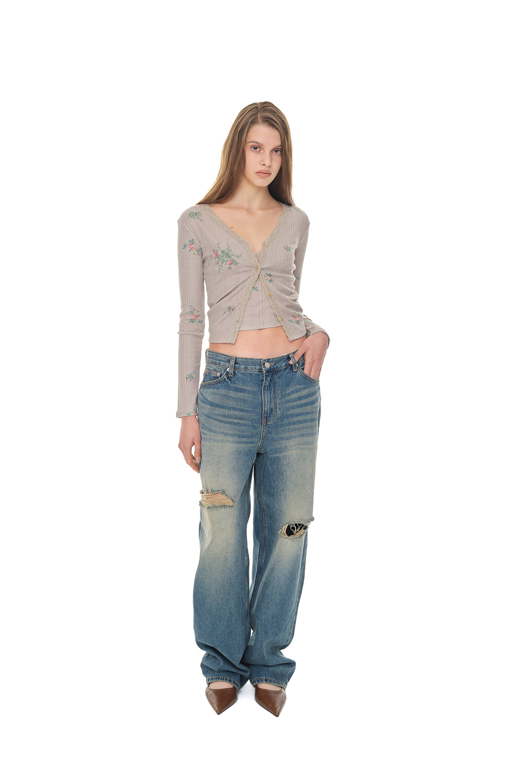 FLORAL LACE RIBBED CARDIGAN (BEIGE)