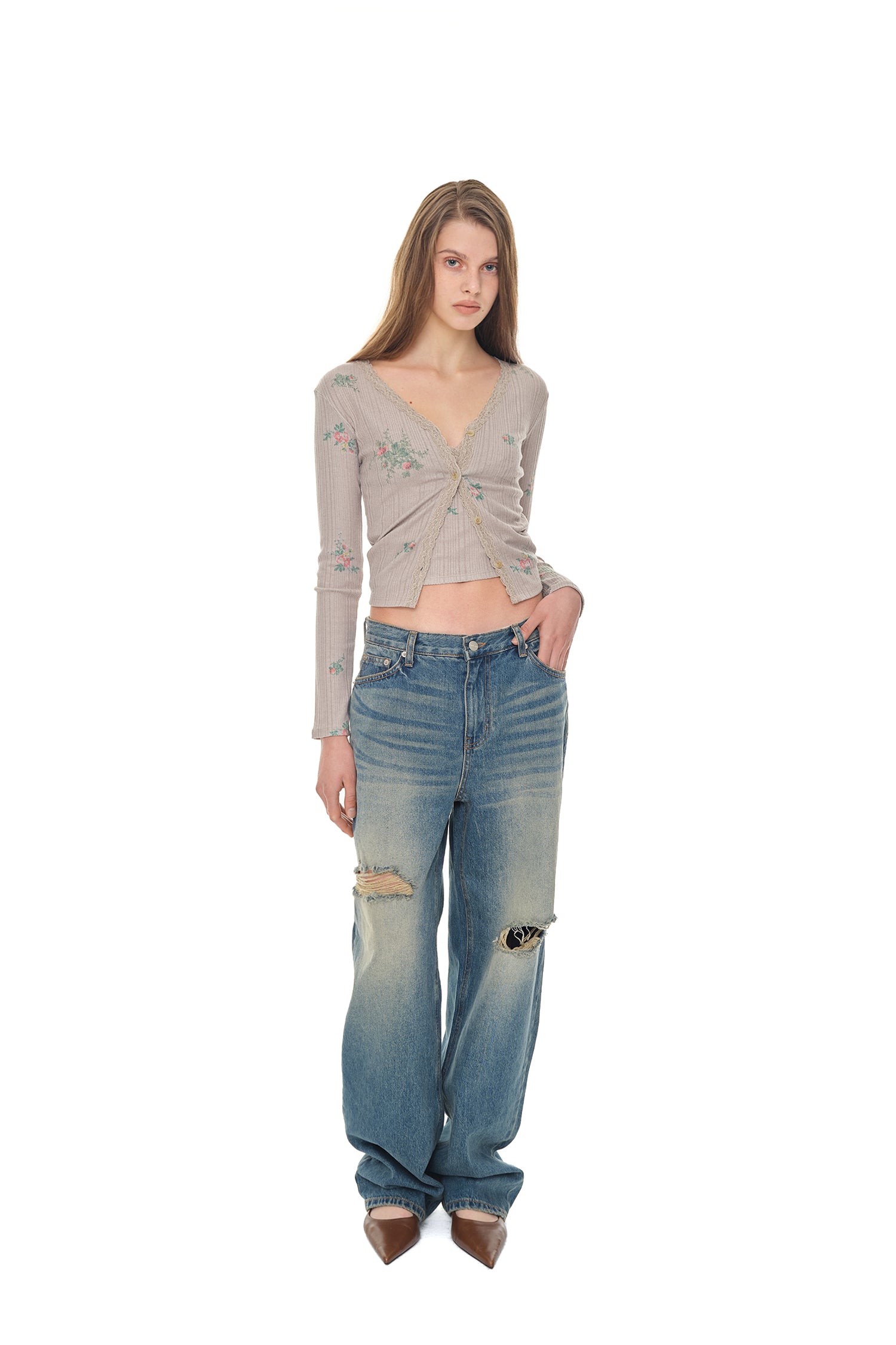 FLORAL LACE RIBBED CARDIGAN (BEIGE)