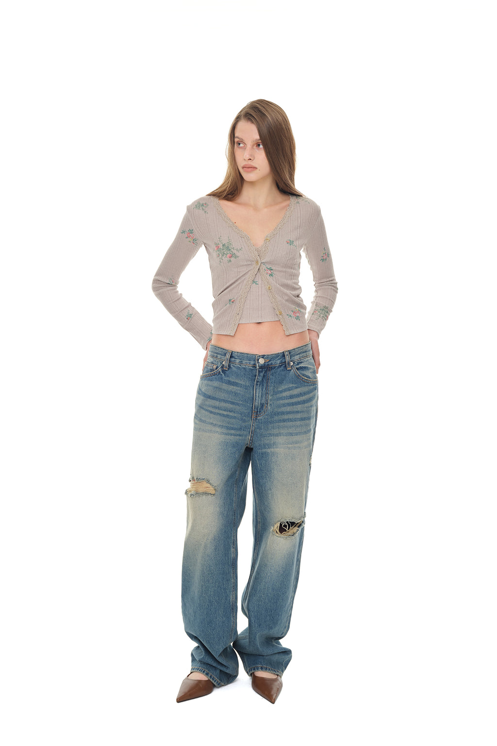 FLORAL LACE RIBBED CARDIGAN (BEIGE)