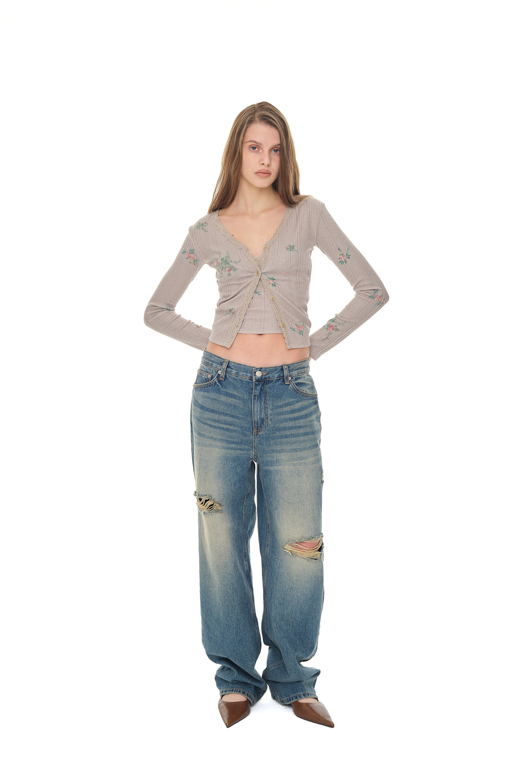 FLORAL LACE RIBBED CARDIGAN (BEIGE)