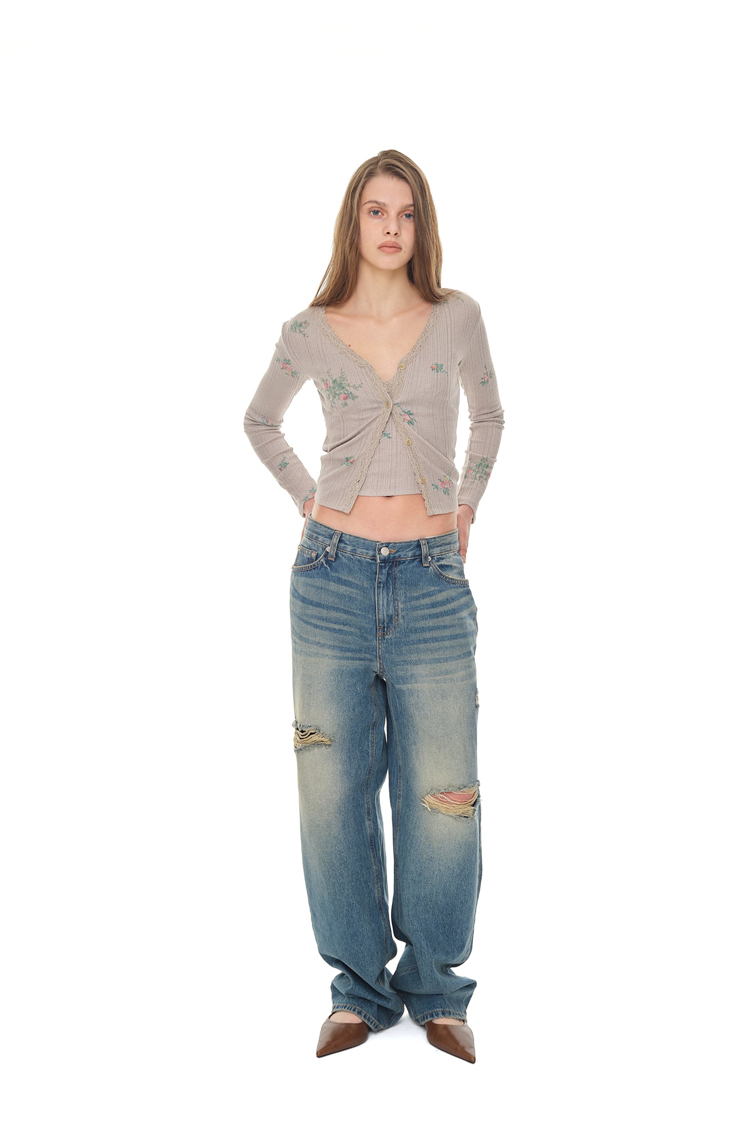 FLORAL LACE RIBBED CARDIGAN (BEIGE)