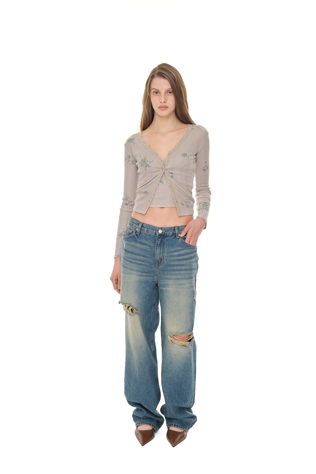 FLORAL LACE RIBBED CARDIGAN (BEIGE)