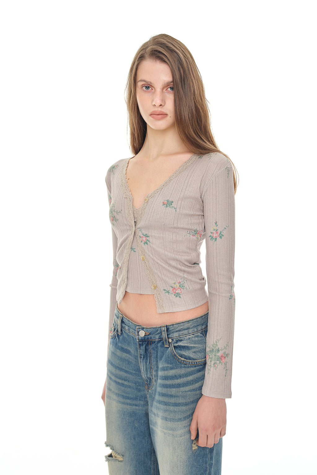 FLORAL LACE RIBBED CARDIGAN (BEIGE)