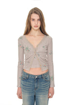 FLORAL LACE RIBBED CARDIGAN (BEIGE)