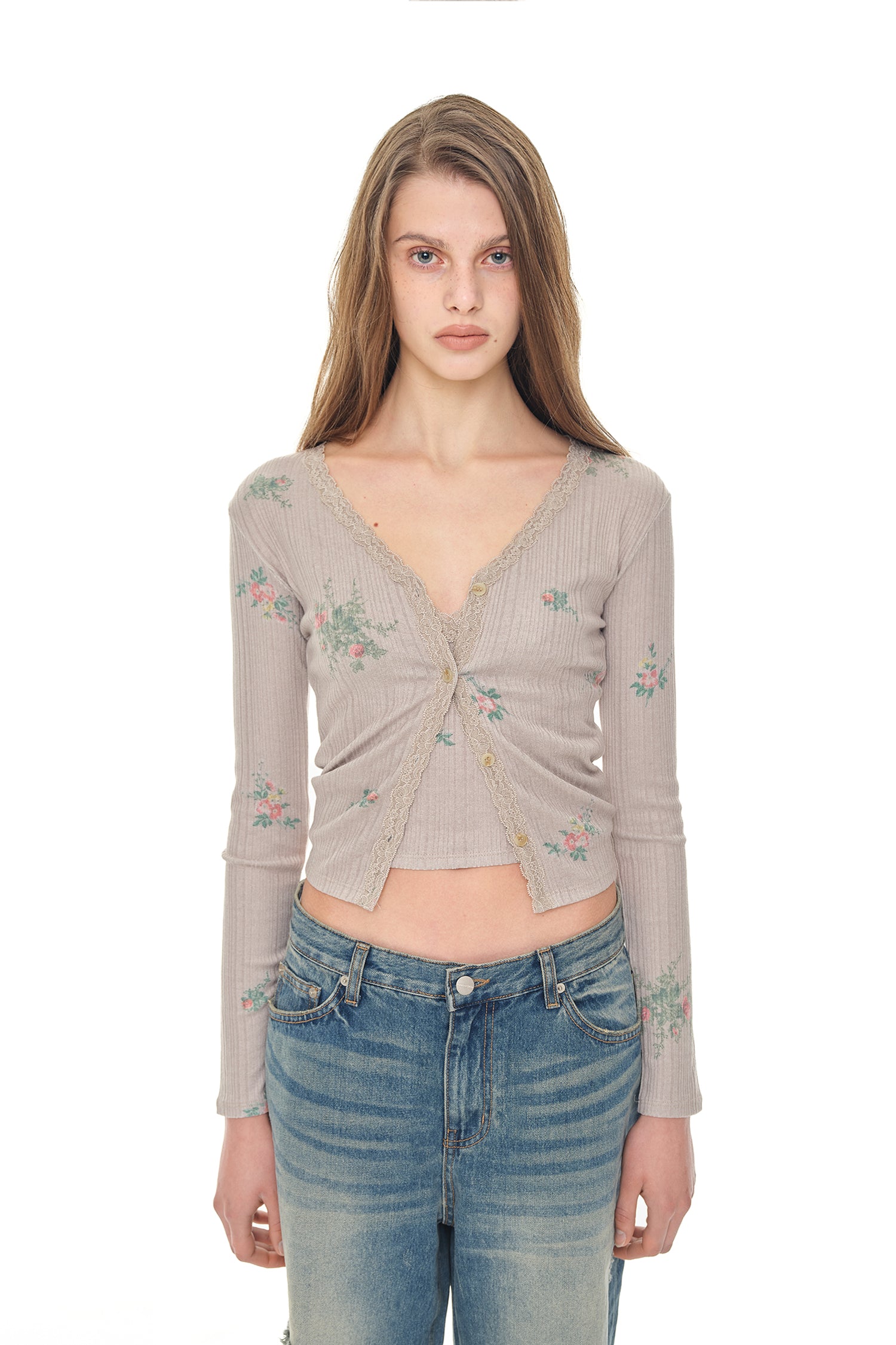 FLORAL LACE RIBBED CARDIGAN (BEIGE)