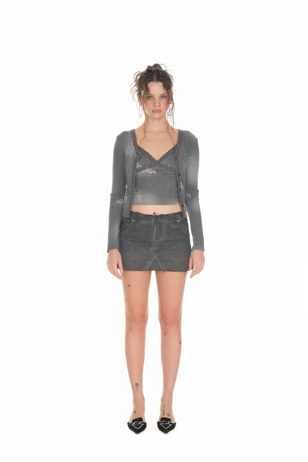 FLORAL LACE RIBBED CARDIGAN (CHARCOAL)