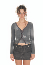 FLORAL LACE RIBBED CARDIGAN (CHARCOAL)