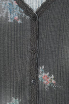 FLORAL LACE RIBBED CARDIGAN (CHARCOAL)