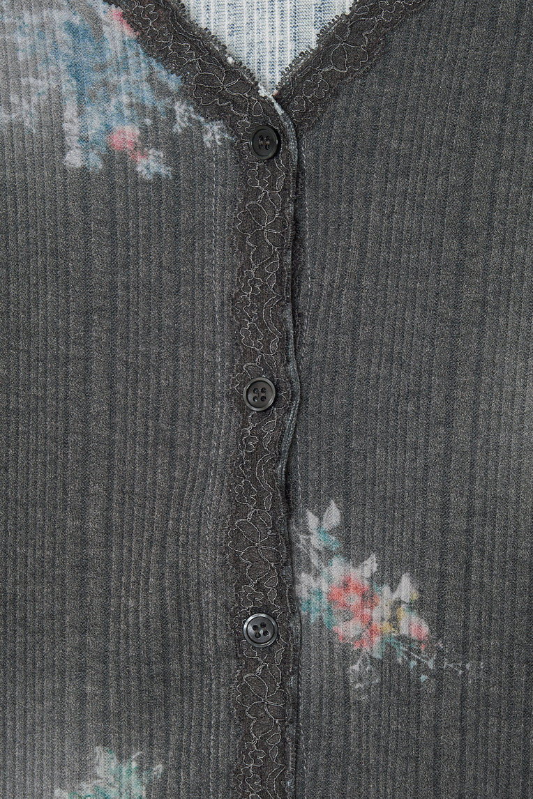 FLORAL LACE RIBBED CARDIGAN (CHARCOAL)