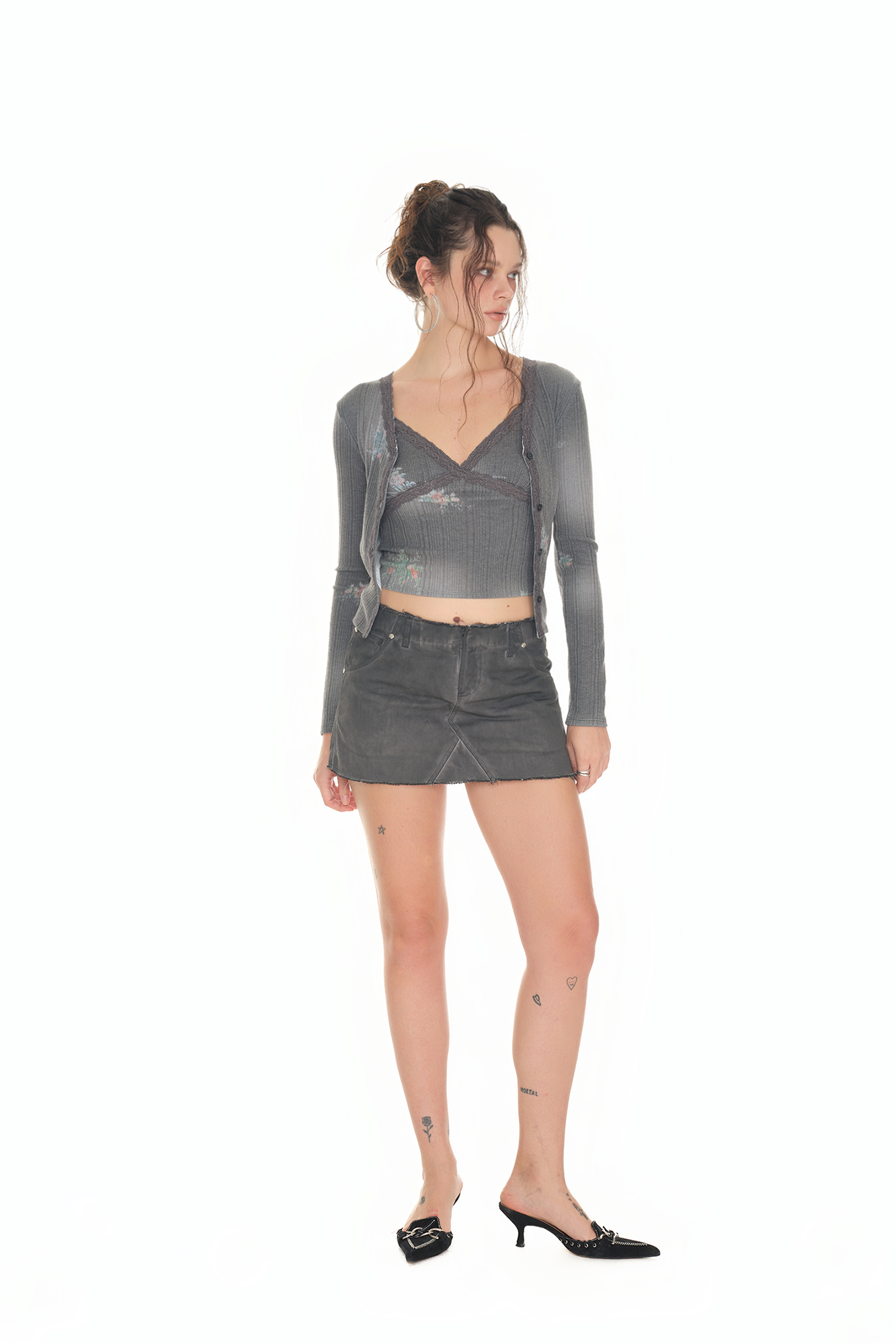 FLORAL LACE RIBBED CARDIGAN (CHARCOAL)