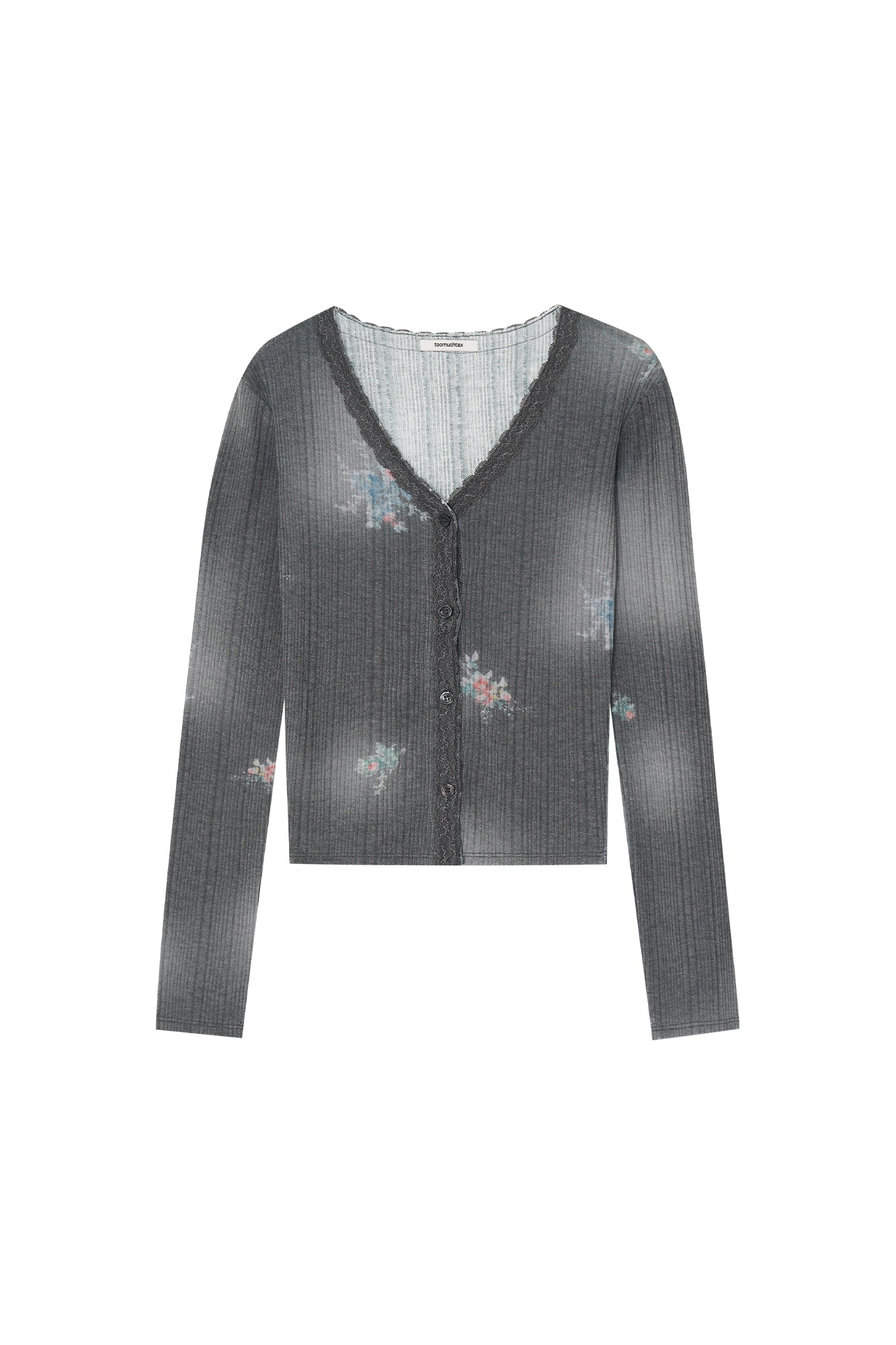 FLORAL LACE RIBBED CARDIGAN (CHARCOAL)