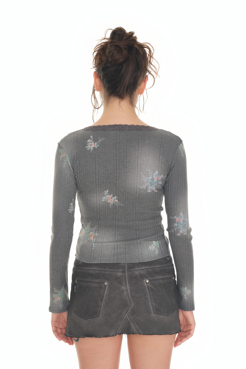 FLORAL LACE RIBBED CARDIGAN (CHARCOAL)