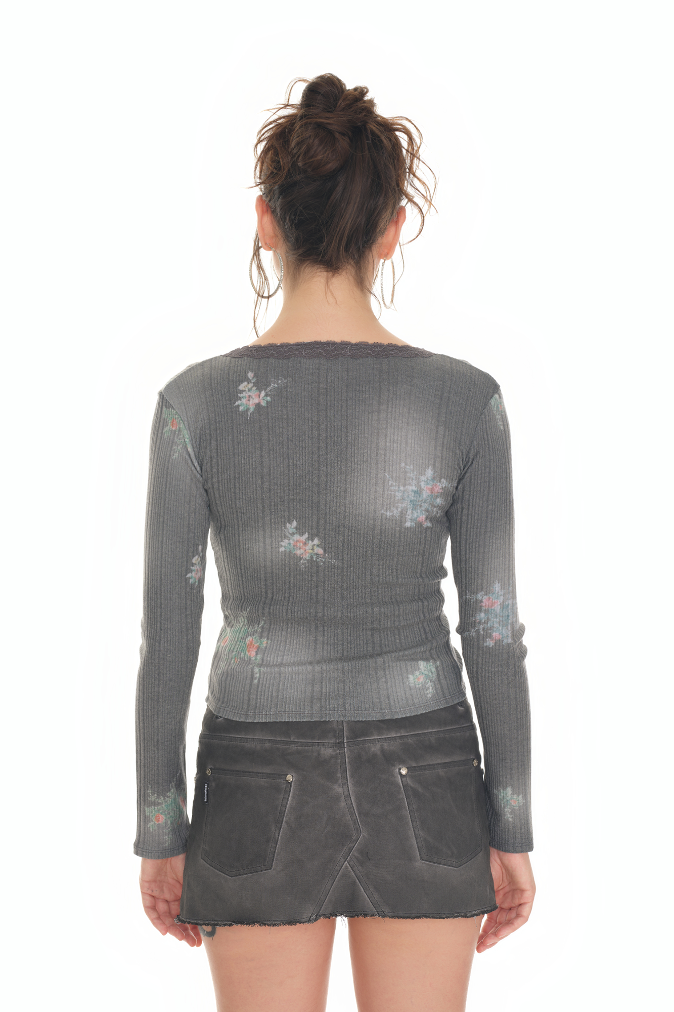 FLORAL LACE RIBBED CARDIGAN (CHARCOAL)