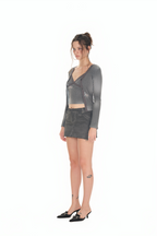 FLORAL LACE RIBBED CARDIGAN (CHARCOAL)