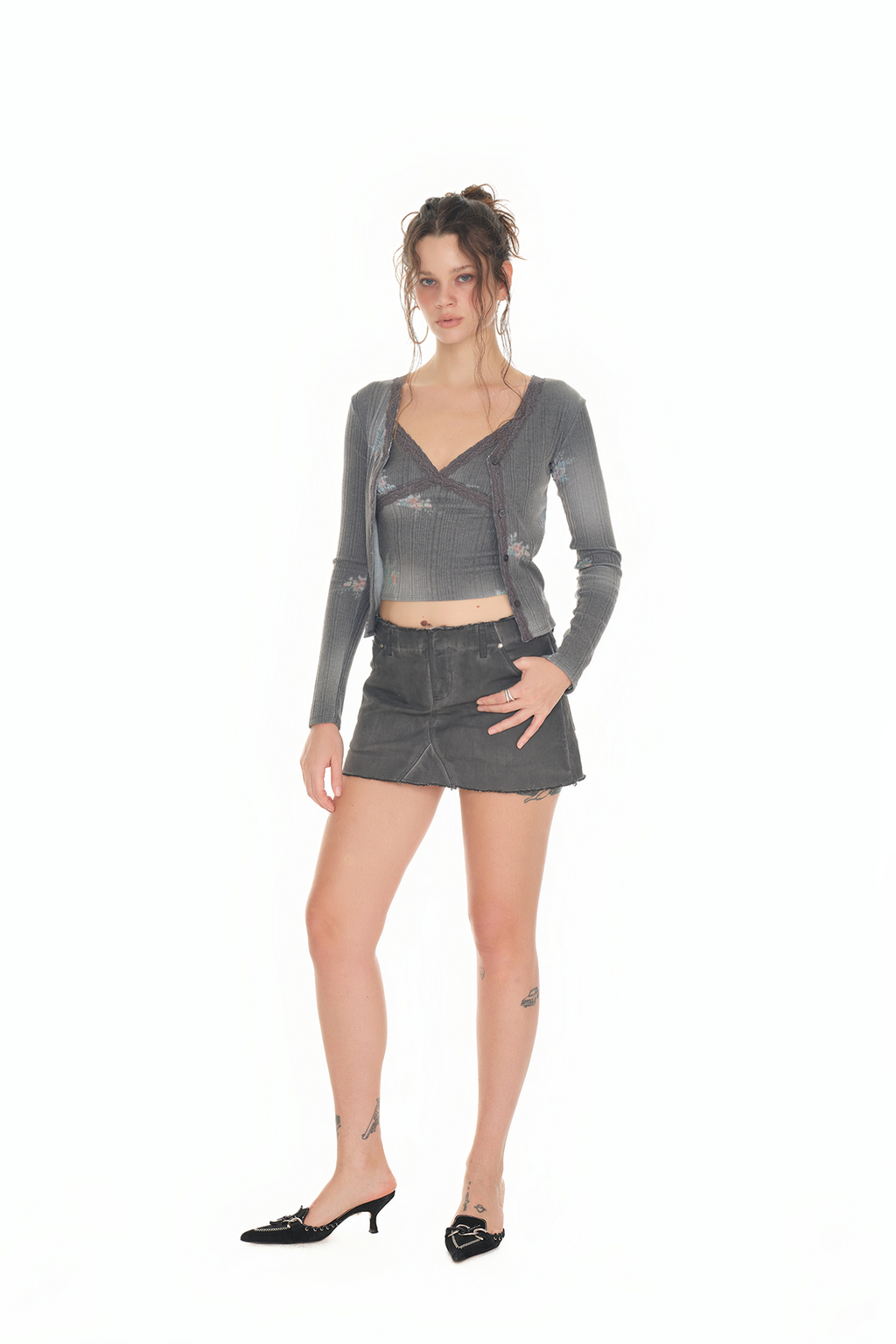 FLORAL LACE RIBBED CARDIGAN (CHARCOAL)