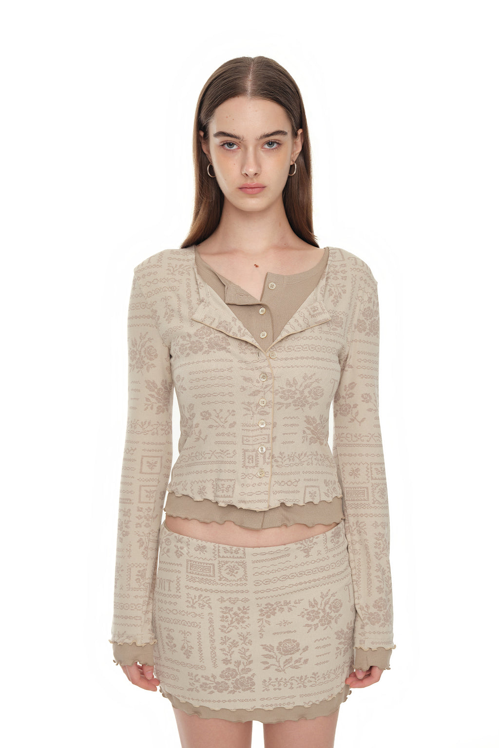 FLORAL MOTIF LAYERED SKIRT (BEIGE)