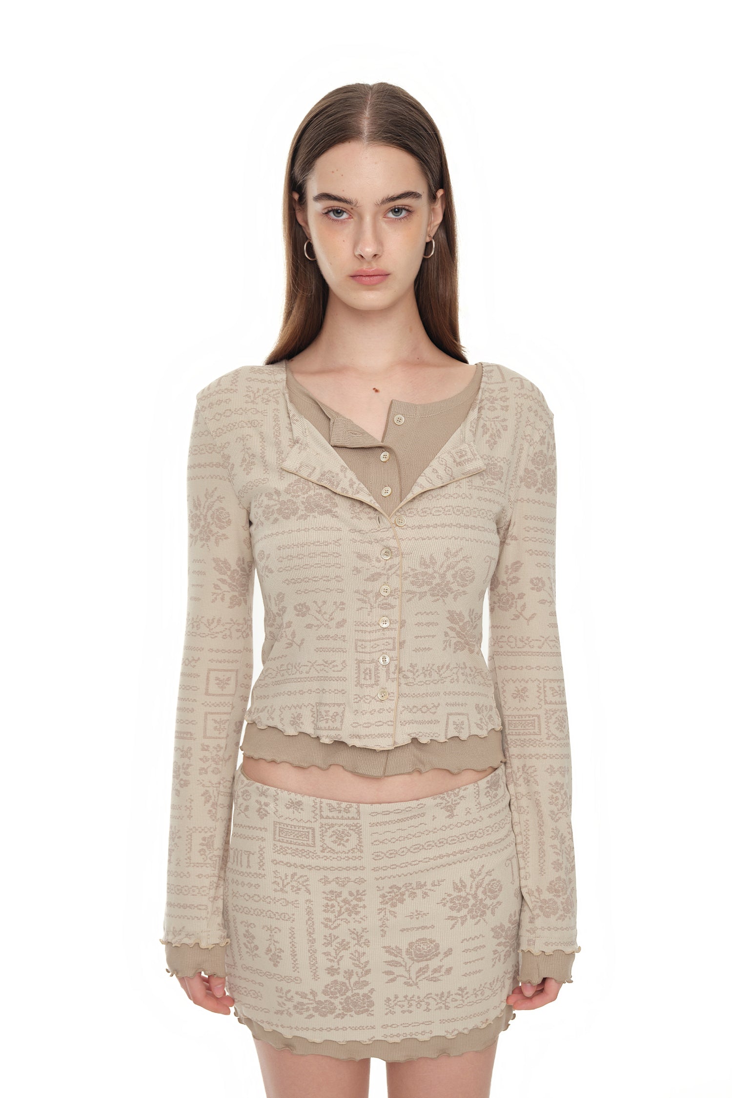 FLORAL MOTIF LAYERED SKIRT (BEIGE)