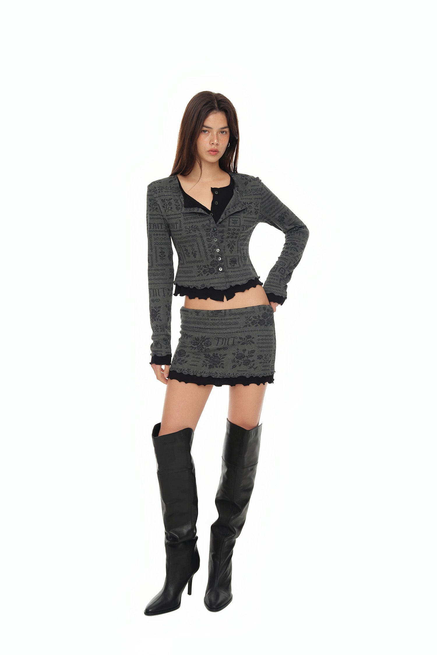FLORAL MOTIF LAYERED CARDIGAN (CHARCOAL)