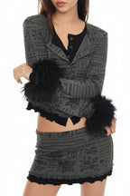 FLORAL MOTIF LAYERED CARDIGAN (CHARCOAL)