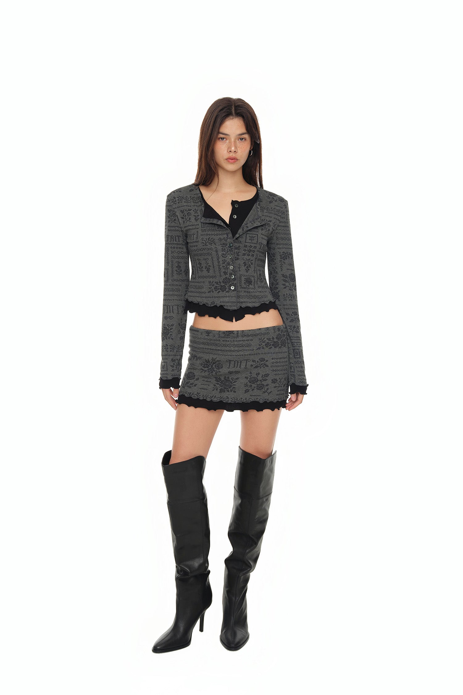 FLORAL MOTIF LAYERED SKIRT (CHARCOAL)