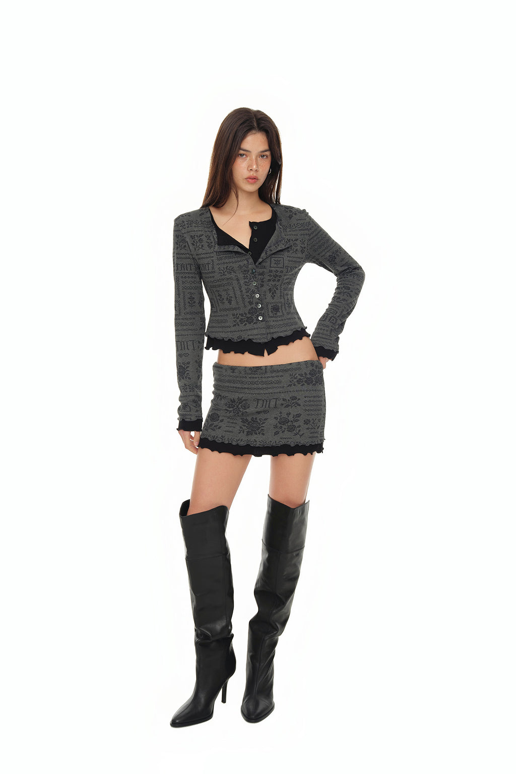 FLORAL MOTIF LAYERED SKIRT (CHARCOAL)