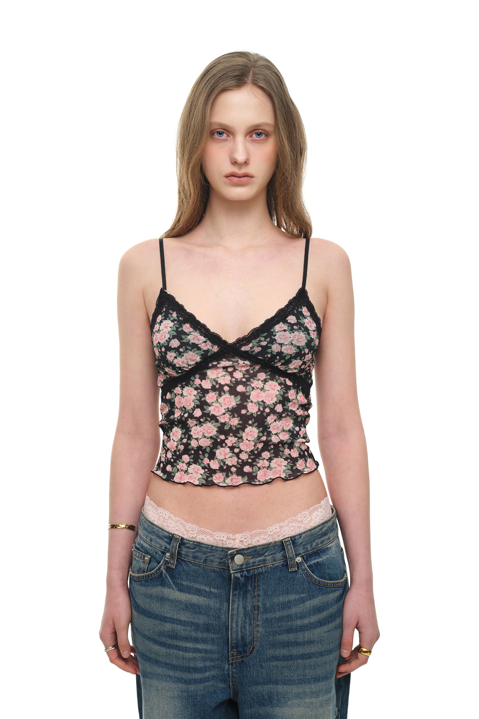 FLORAL 02 LACE CAMI TOP (BLACK)