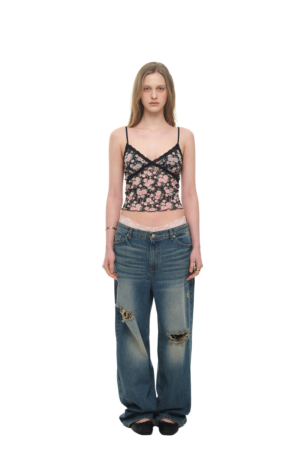 FLORAL 02 LACE CAMI TOP (BLACK)