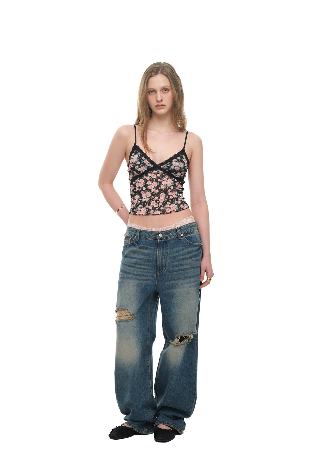 FLORAL 02 LACE CAMI TOP (BLACK)