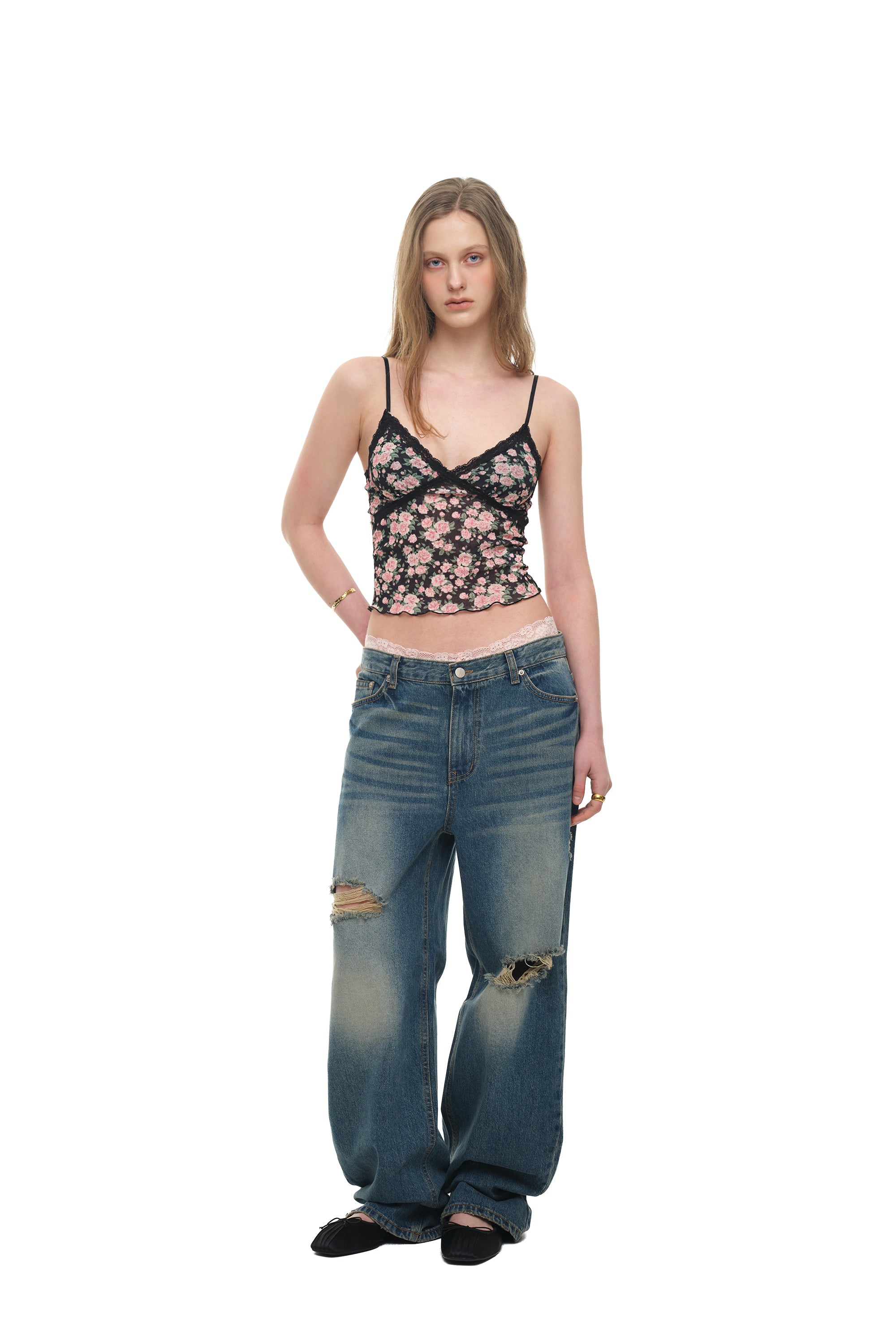 FLORAL 02 LACE CAMI TOP (BLACK)