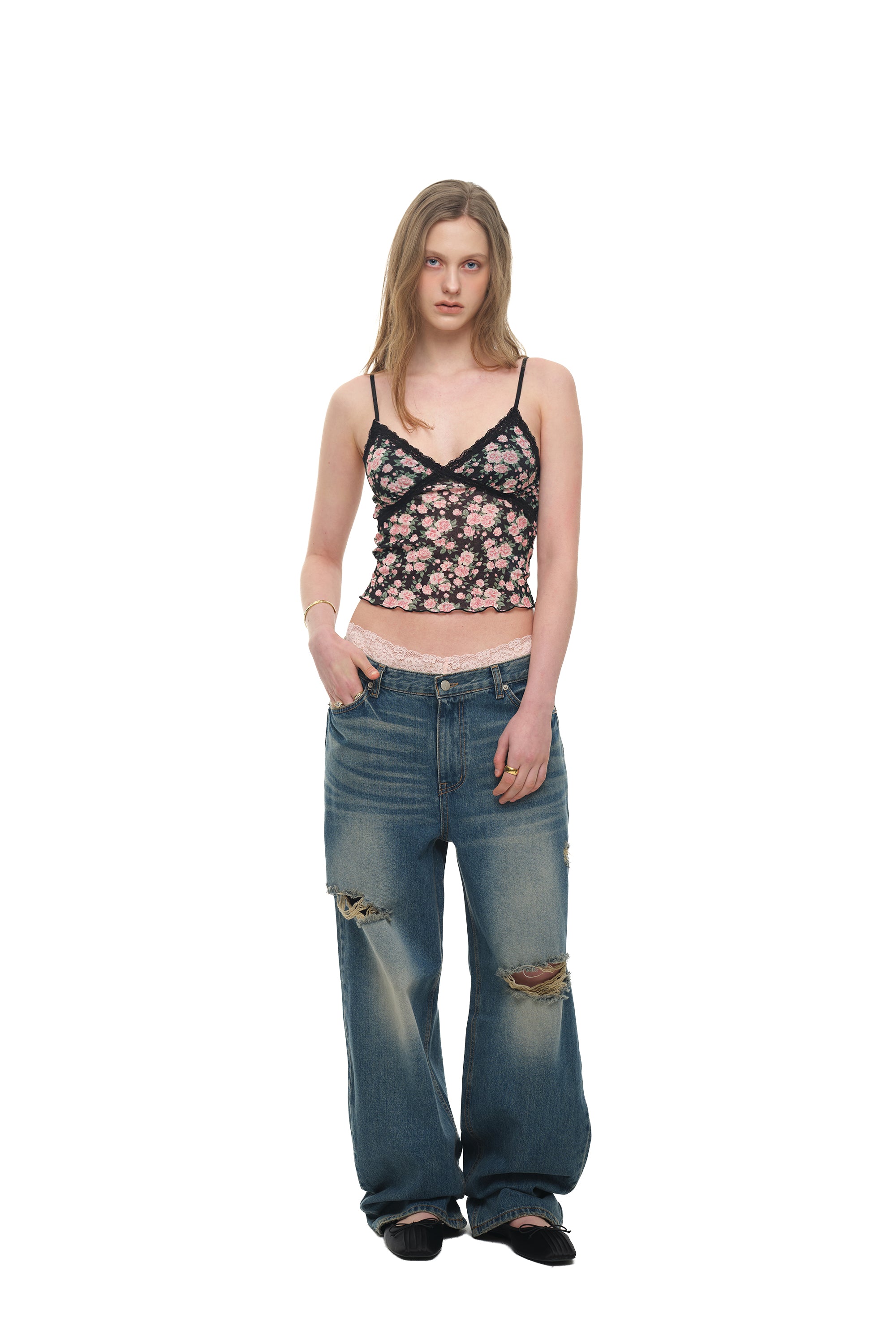 FLORAL 02 LACE CAMI TOP (BLACK)