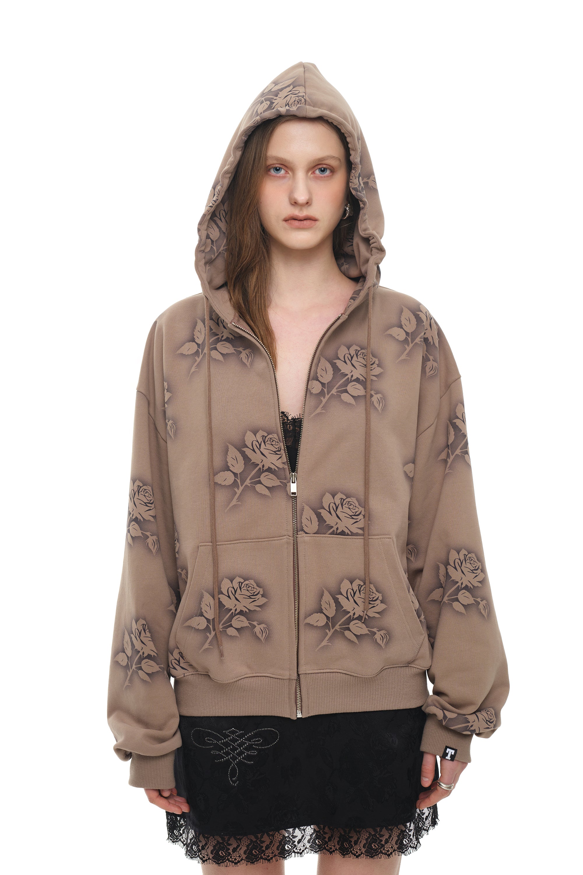 FLORAL SPRAY ZIP-UP HOODIE (BROWN)