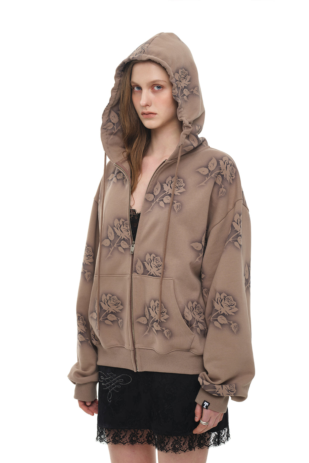 FLORAL SPRAY ZIP-UP HOODIE (BROWN)