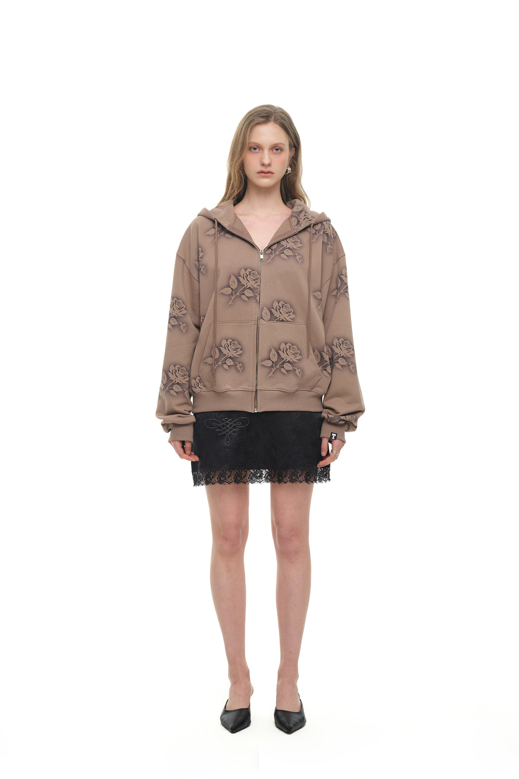 FLORAL SPRAY ZIP-UP HOODIE (BROWN)