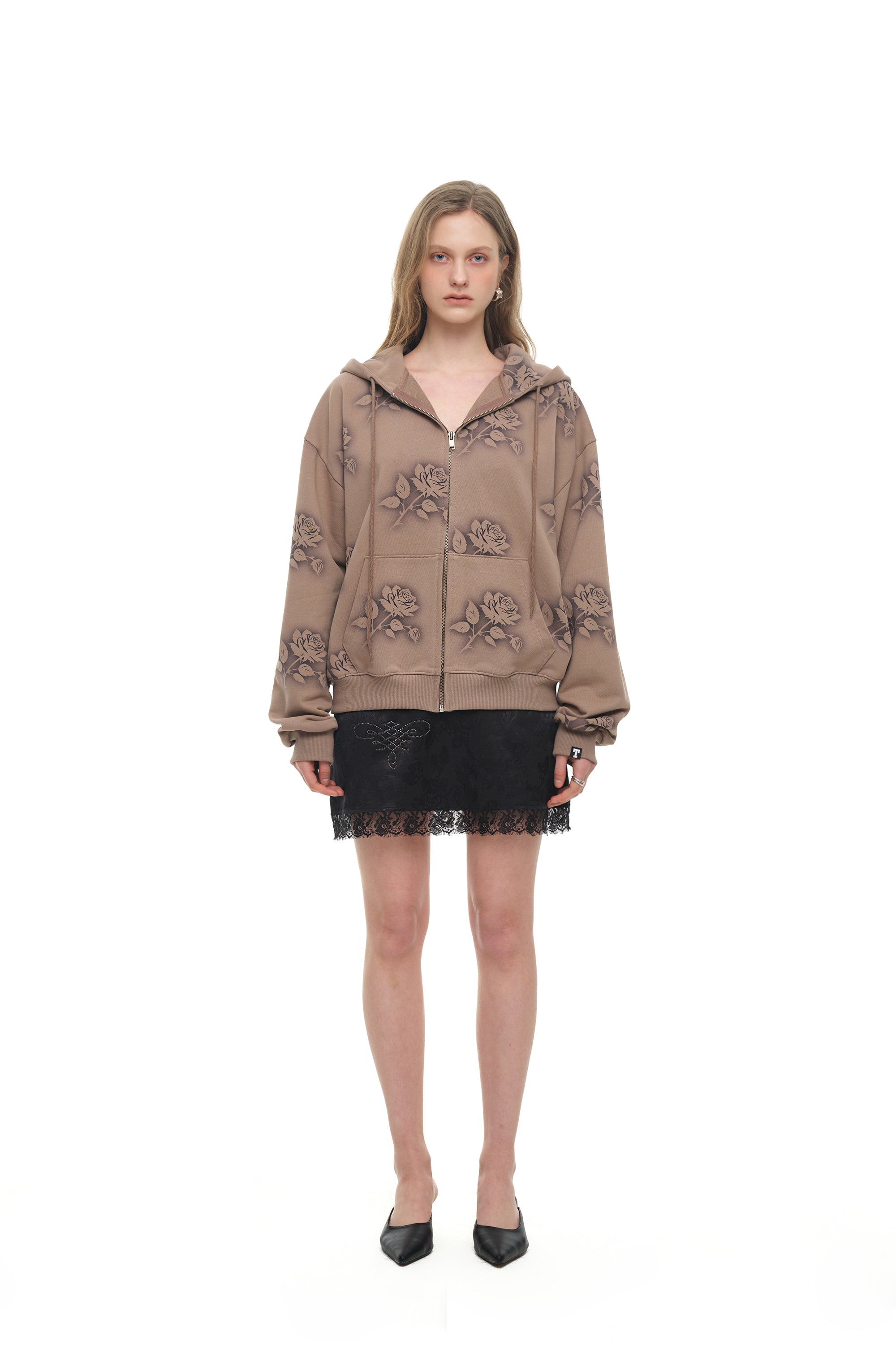 FLORAL SPRAY ZIP-UP HOODIE (BROWN)