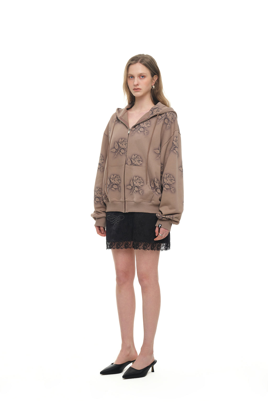 FLORAL SPRAY ZIP-UP HOODIE (BROWN)