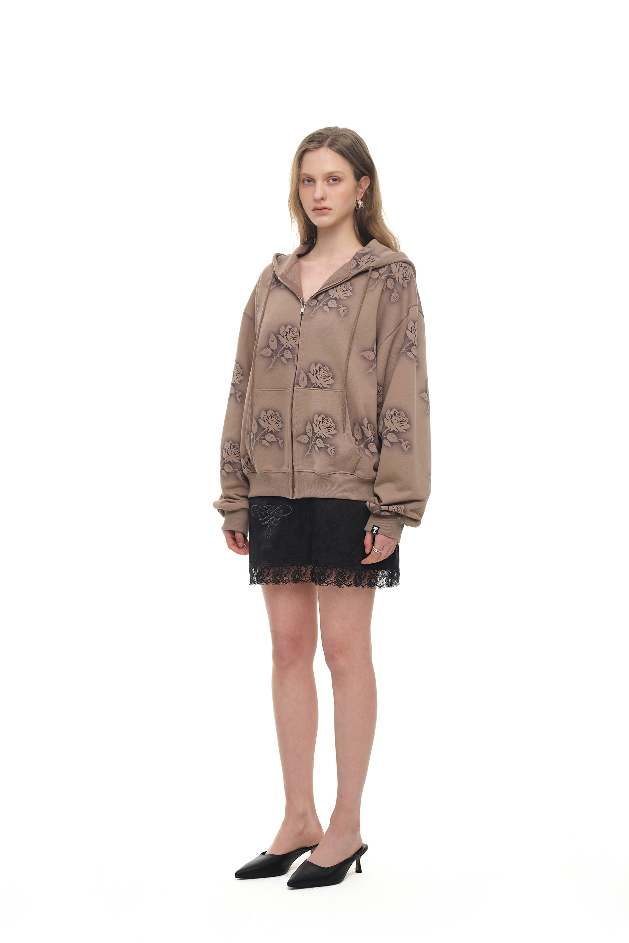 FLORAL SPRAY ZIP-UP HOODIE (BROWN)