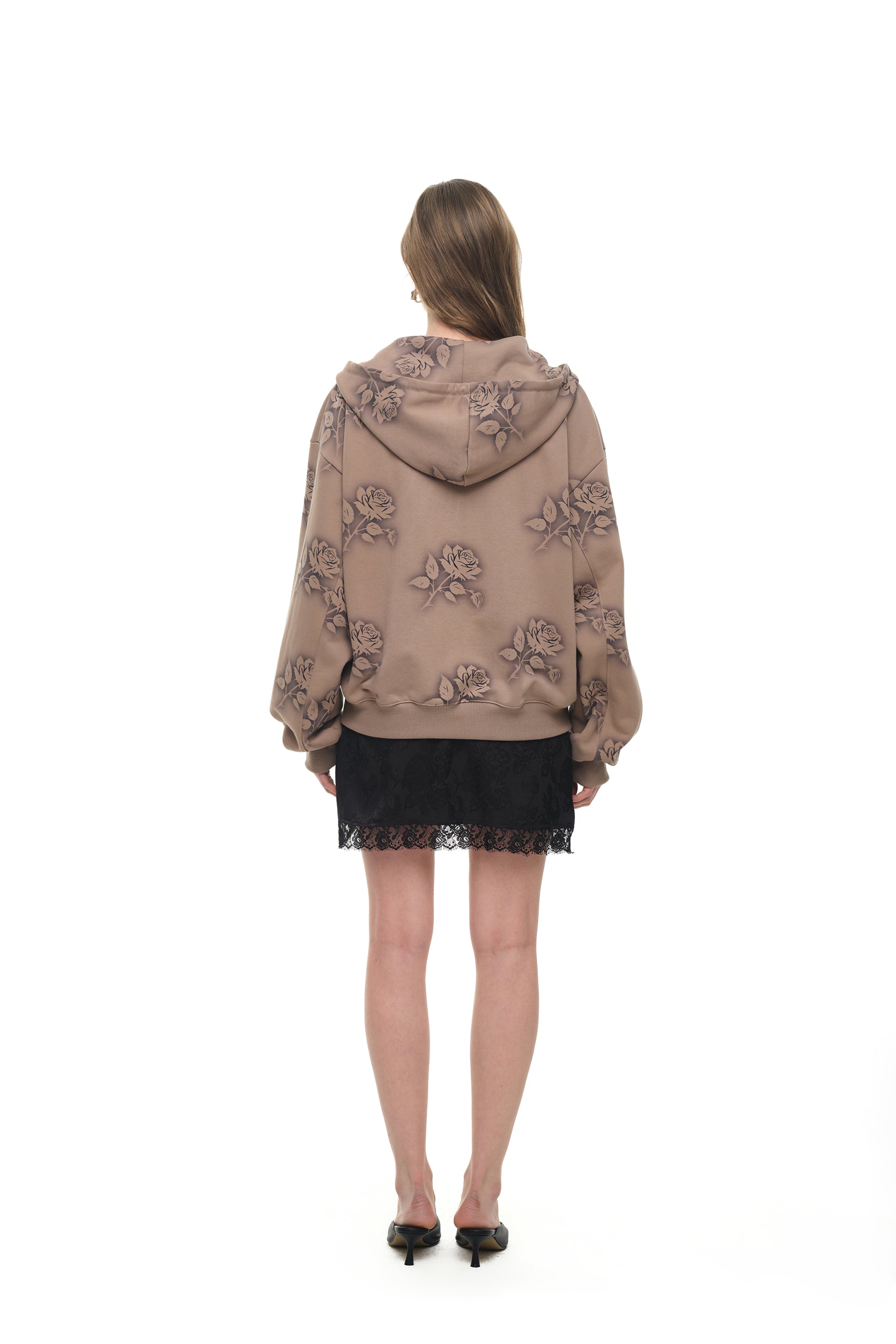 FLORAL SPRAY ZIP-UP HOODIE (BROWN)