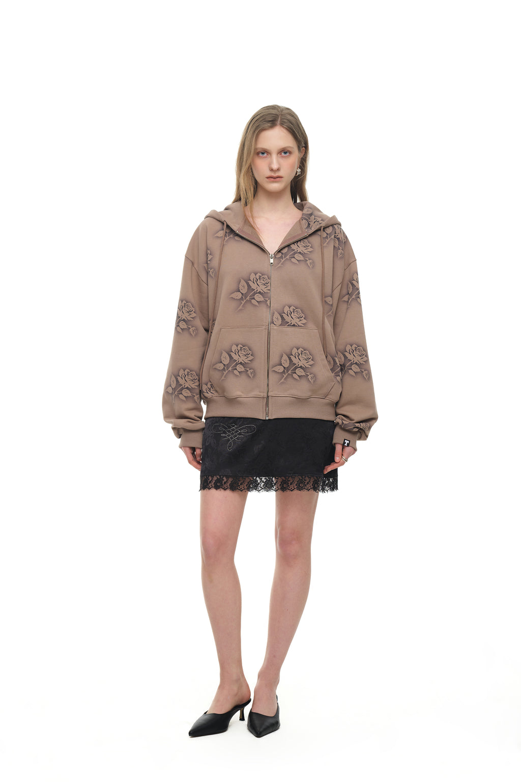 FLORAL SPRAY ZIP-UP HOODIE (BROWN)