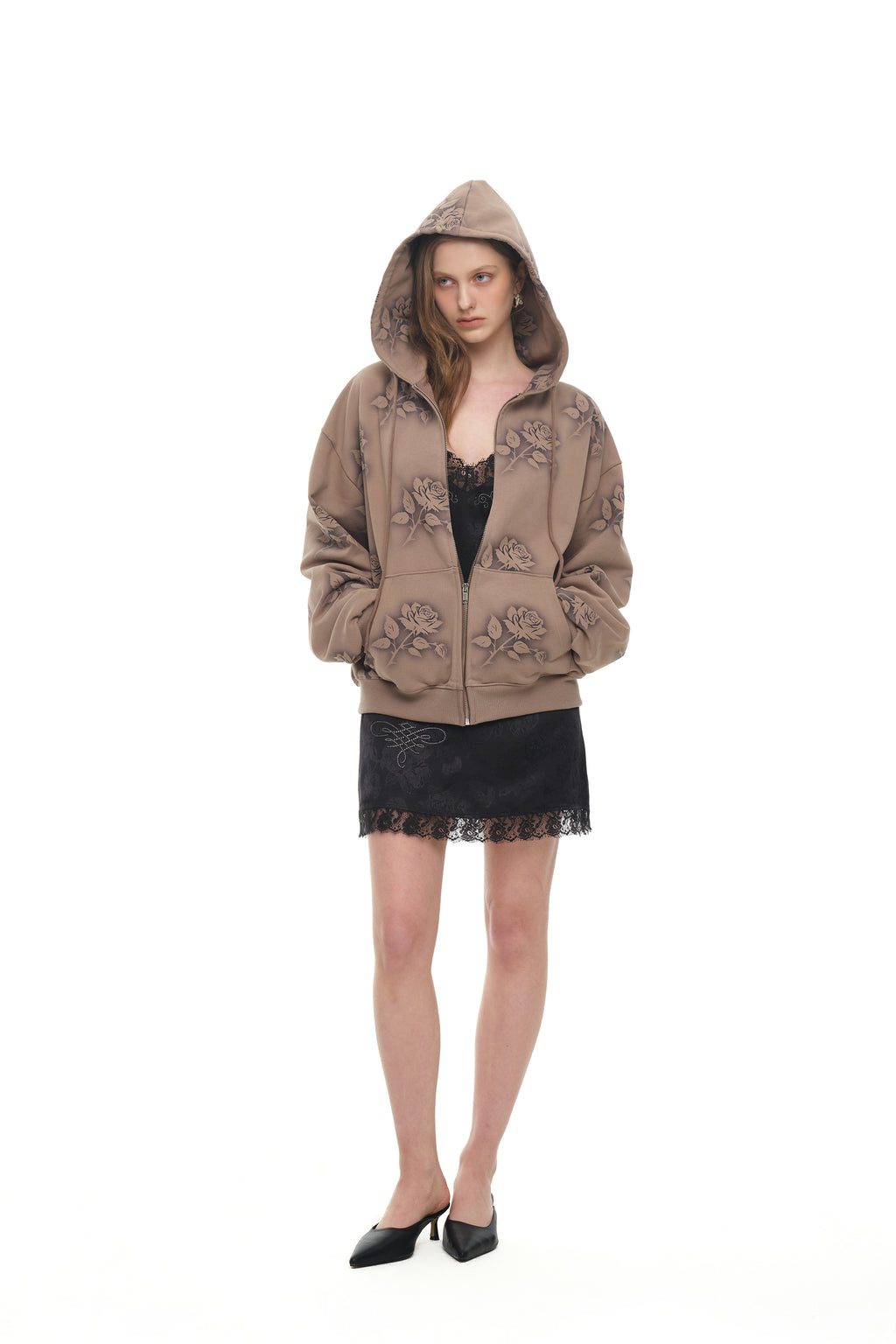 FLORAL SPRAY ZIP-UP HOODIE (BROWN)