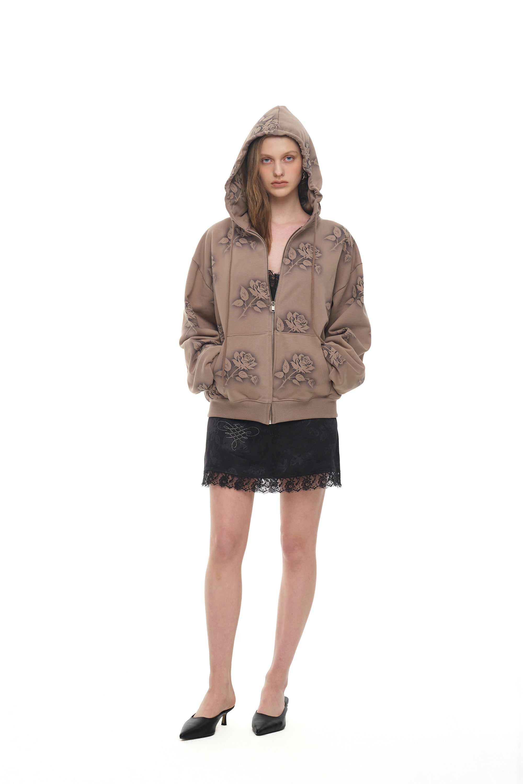 FLORAL SPRAY ZIP-UP HOODIE (BROWN)