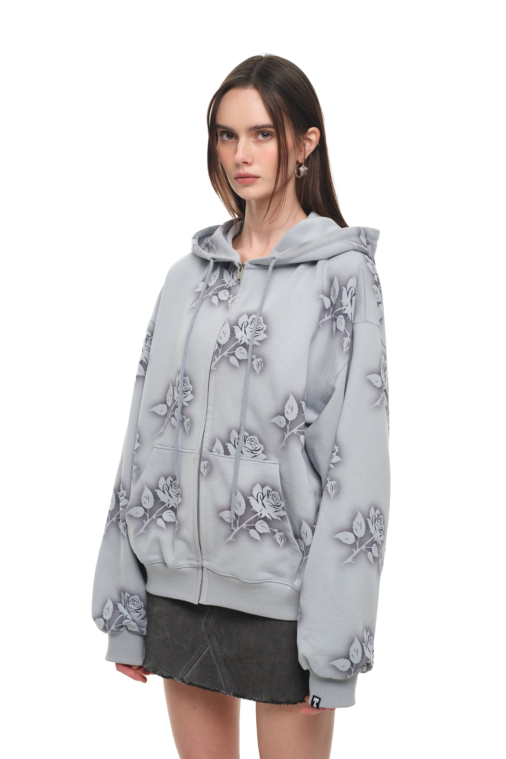 FLORAL SPRAY ZIP-UP HOODIE (LIGHT BLUE)