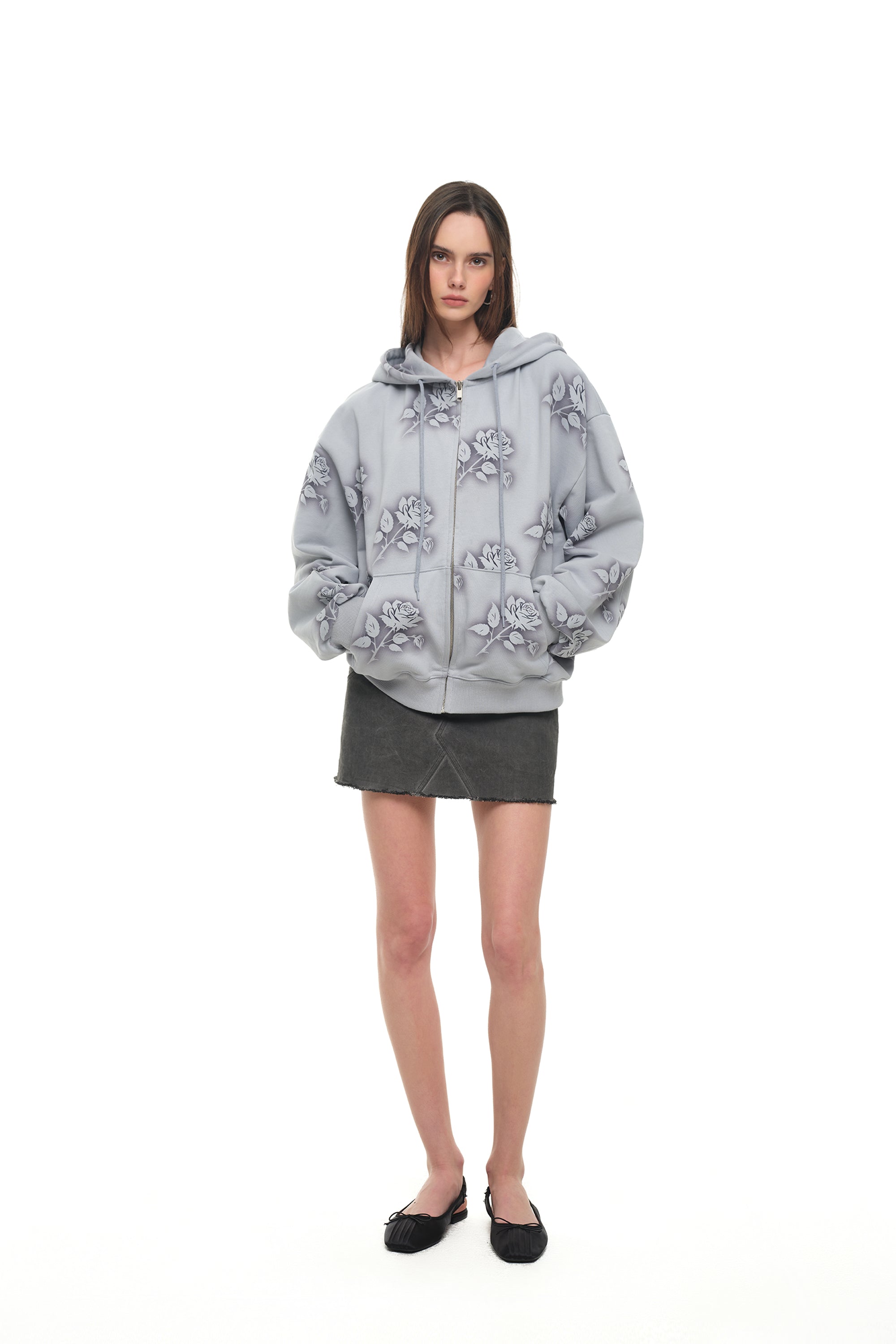 FLORAL SPRAY ZIP-UP HOODIE (LIGHT BLUE)