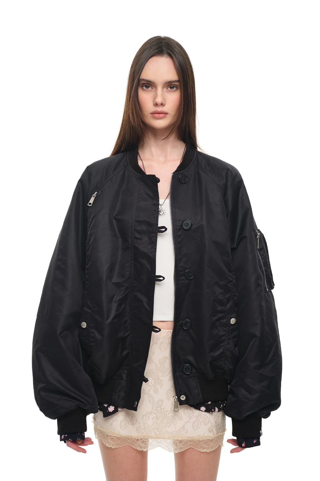 FLORAL TRIMMING BOMBER JACKET (BLACK)