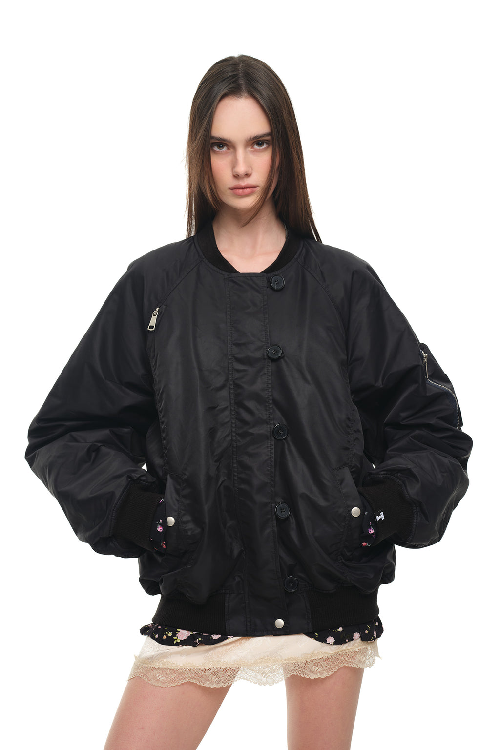 FLORAL TRIMMING BOMBER JACKET (BLACK)